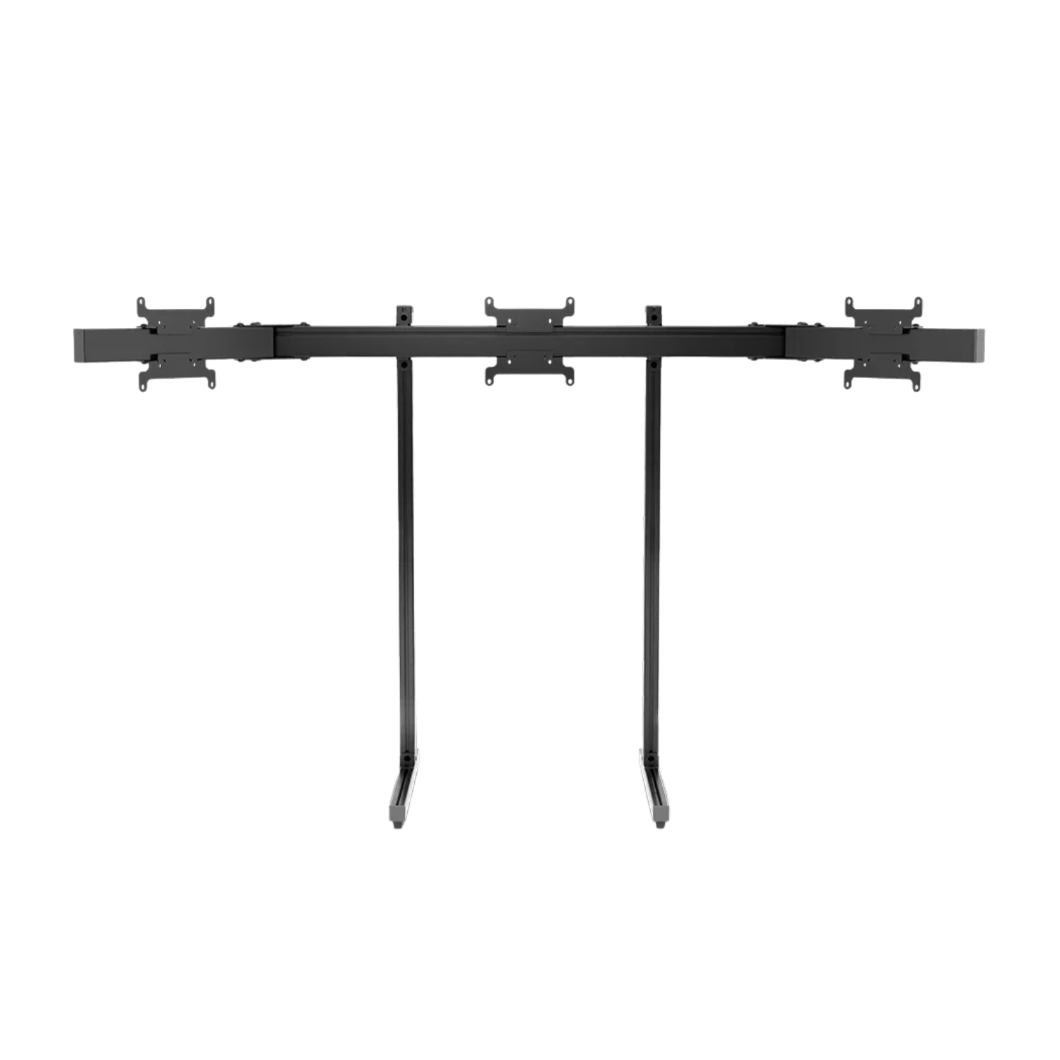 Front view of the SIMGASM Apex triple monitor stand with three VESA plates